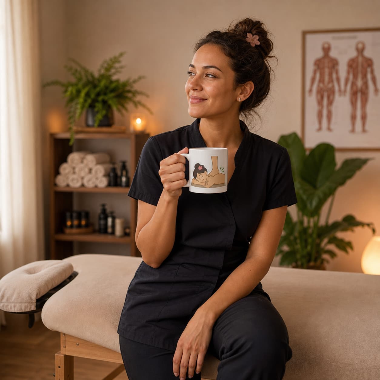 Ceramic mug with an illustration of an ashiatsu massage session